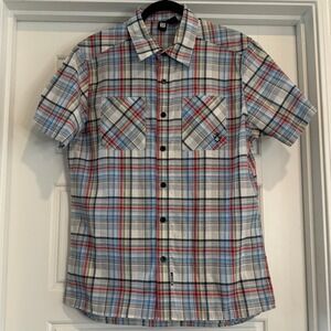 Y2K Rusty Plaid Button Down Shirt Mens Medium White Red Blue Short Sleeve Casual